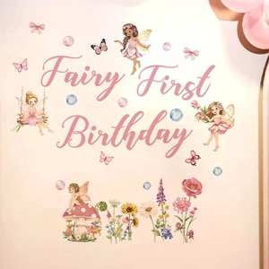 Fairy First Birthday Wall Stickers For Girls Pink Cartoon Flower Butterfly Removable PVC Wall Decals For Bedroom Decor