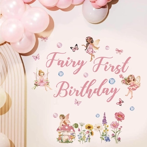 Fairy First Birthday wall stickers with pink floral and mushroom party decorations