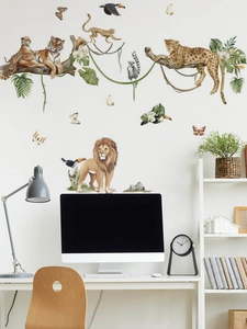 Makro-Detail von Dschungel-Wandtattoos mit Löwen und Tigern im Heimbüro-Dekor