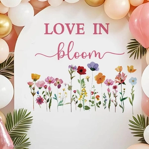 Sticker mural Love in Bloom avec fleurs sauvages colorées et lettrage artistique rose