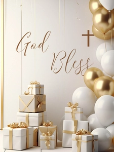 Detail of God Bless wall sticker with white and gold gift boxes for baptism decor