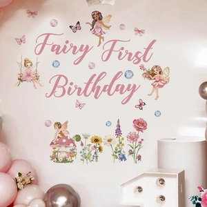 Fairy First Birthday wall decals with pink cartoon fairies and flowers for party decor
