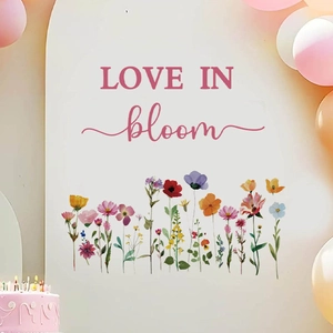 Stickers muraux Love In Bloom avec fleurs sauvages colorées et scène de ballons roses