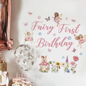 Fairy first birthday wall decals set with pink letters and hand-drawn floral patterns