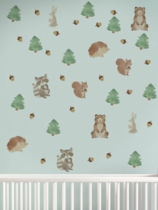 Stickers muraux animaux de la forêt avec ours et écureuils sur un mur bleu clair d'enfant