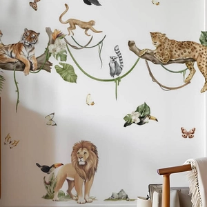 Dschungeltiere Wandtattoos Löwe Tiger Leopard Reben Aufkleber Für Kinderzimmer Schlafzimmer Babyzimmer Aquarell Safari Heimdekor