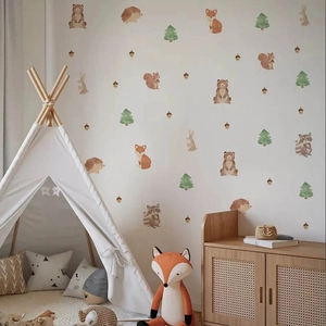 Stickers Muraux Animaux de la Forêt Aquarelle pour Chambre d'enfant PVC Amovible Écureuil Ours Renard Pomme de Pin Décoration Murale
