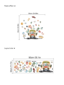 Space dinosaur school bus wall sticker with layout size 90x30cm and 64x64cm effect view