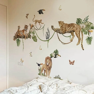 Dschungeltier Wandaufkleber mit Löwe Tiger und tropischen Blättern für Kinderzimmer Deko
