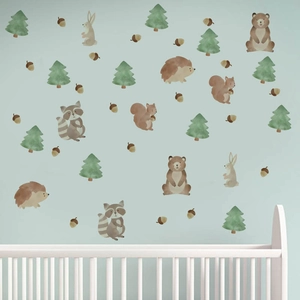 Stickers muraux animaux de la forêt avec ours et lapins aquarelle pour chambre bébé