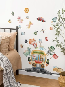 Detail of cartoon dinosaur school bus and space rockets wall stickers for kids rooms