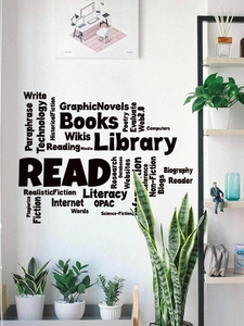 Vinilo decorativo minimalista con frases de libros y biblioteca en un ambiente acogedor