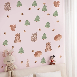 Stickers muraux aquarelle animaux de la forêt avec ours et écureuils pour chambre enfant