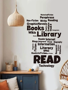 Vista detallada de pegatinas de pared de lectura y biblioteca en vinilo negro para oficina
