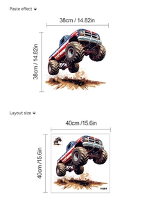 Dettaglio dell'adesivo murale monster truck con dimensioni del layout ed effetto posa