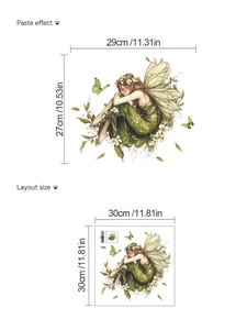 Detailed sheet showing green forest fairy wall sticker layout and applied size reference