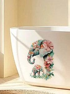 Detailed watercolor elephant wall stickers applied to a white bathtub side in a bright room