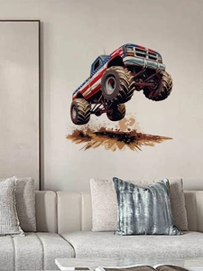 Adesivo murale dettagliato con monster truck bandiera USA che salta sulla parete del soggiorno