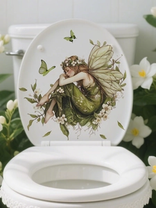 Detail of green fairy toilet seat sticker with butterfly and white floral decals