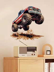 Dettaglio adesivo da parete 3D con monster truck rosso, bandiera USA ed effetto terra volante