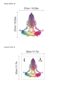 Detailed layout and paste dimensions for colorful watercolor meditation wall sticker