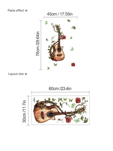 Detailed view of guitar wall decal dimensions and paste effect with roses and butterflies