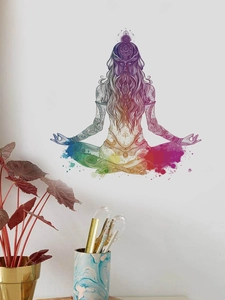 Detail of colorful watercolor yoga wall sticker featuring a mandala meditation design