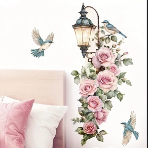 Pegatina de Pared Farola Rosa Acuarela Pintada a Mano Pájaro Azul PVC Calcomanía de Pared Removible Autoadhesiva Para Decoración de Dormitorio