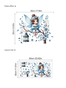 Detailliertes Blatt zeigt Layout und Maße 60x30cm der Feen-Wandtattoos für Heimdekoration