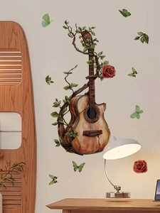 Detail of artistic guitar wall decal with green vines, red rose, and fluttering butterflies