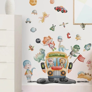 Cartoon Dinosaur Space School Bus Wall Stickers For Kids Room Nursery PVC Waterproof Removable DIY Animals Wall Decal
