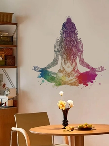 Detail view of yoga meditation wall sticker with colorful mandala and rainbow watercolor effect