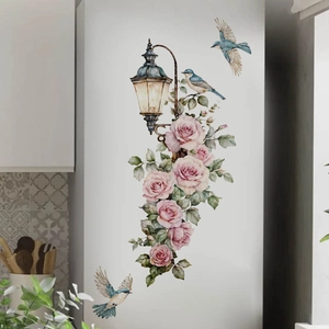 Pegatinas de pared con farola vintage y rosas con aves azules para decoración