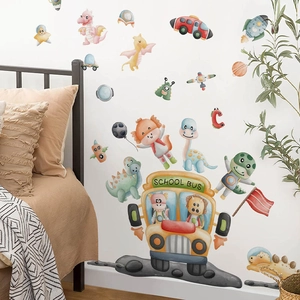 Cartoon dinosaur and space themed self-adhesive PVC wall sticker with school bus set