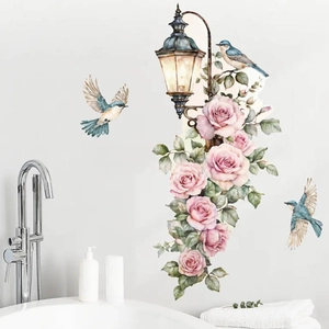 Vinilos decorativos con farola de acuarela, rosas rosas y pájaros azules para pared