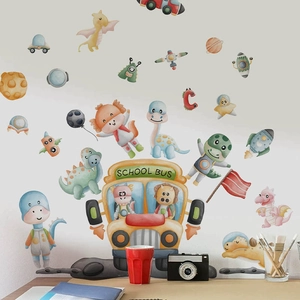 Cartoon dinosaur school bus and space theme PVC wall decals for kids bedroom decor