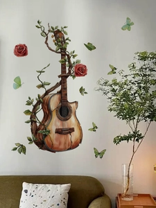 Detailed wall sticker showing vintage guitar with green vines and red roses