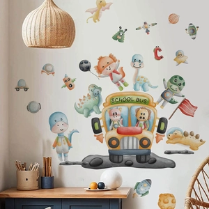 Cartoon dinosaur school bus wall sticker for kids bedroom with space rockets and planets