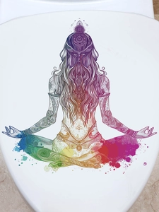 Close-up of rainbow meditation yoga decal on white toilet cover with watercolor art