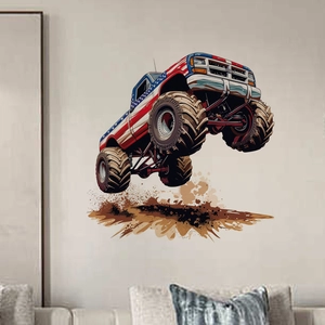 Adesivo da Parete 3D Monster Truck Effetto Muro Rotto Bandiera Americana Decalcomania in PVC Removibile per Camera Bambini Soggiorno