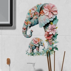 Floral elephant wall stickers for nursery, watercolor mother and baby elephants pvc decal