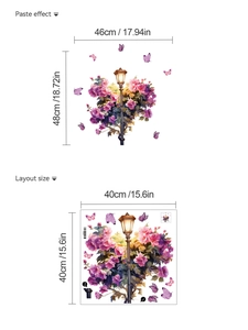 Detail showing layout and finished size of purple flower butterfly street lamp wall sticker