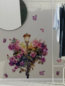 Detail view of purple floral street lamp wall sticker with butterflies in a cozy living room