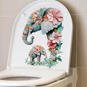Watercolor elephant wall stickers for bathroom decor featuring floral patterns on white