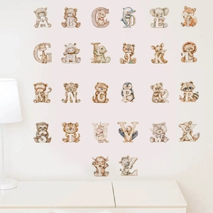 Educational watercolor wall decals with 26 cartoon animal letters for kids bedroom decor