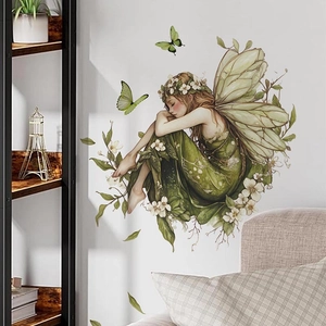 Green forest fairy wall decal with white flowers and butterflies for bedroom decor