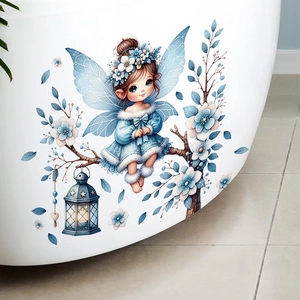 Blau Fee Wandaufkleber Blumenast Wasserdicht Abnehmbar PVC Aufkleber Für Kinder Schlafzimmer Wohnzimmer Haus Dekor