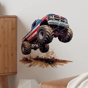 Adesivo murale dinamico monster truck con bandiera americana per decoro soggiorno