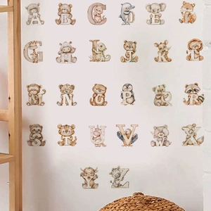 Cartoon animal alphabet wall stickers in watercolor style for nursery and bedroom decor