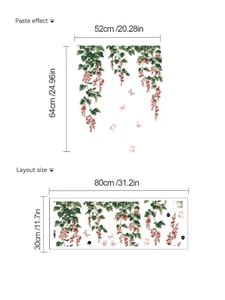 Detail showing layout dimensions and paste effect for butterfly flower wall stickers